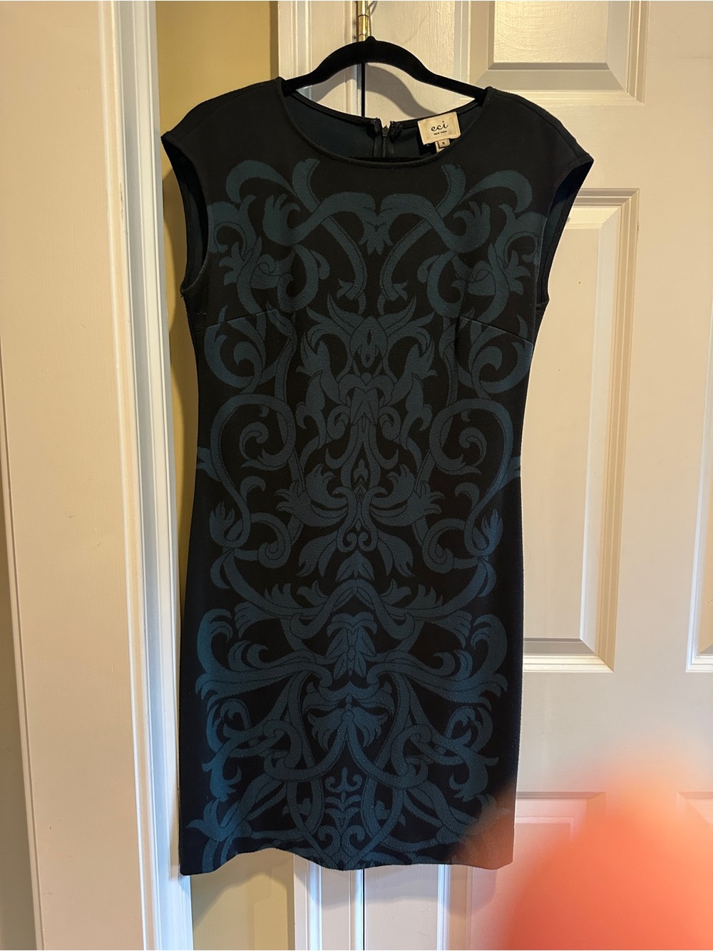 ECI New York Black Teal Baroque Print Sheath Dress Size 6